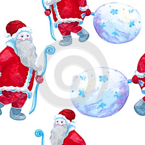 Santa Claus with a bag of gifts. watercolor illustration