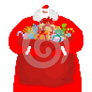 Santa Claus and bag pixel art. New Year big red sack with gifts. Xmas 8bit. Video game Old school Merry Christmas