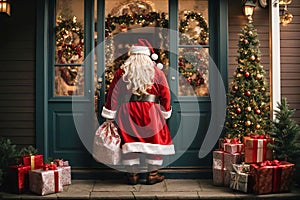 Santa Claus with bag of presents at the front door of the house