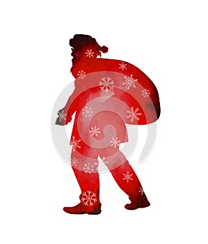 Santa Claus with a bag. Watercolor Red silhouette. Vector illustration