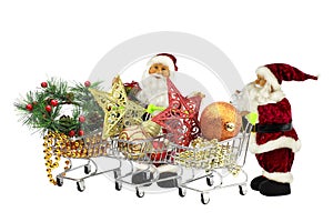 Santa Claus among the baskets full of Christmas toys and jewelry