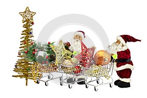 Santa Claus among the baskets full of Christmas toys and jewelry