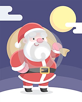 Santa Claus bearing gifts standing under full moon vector illustration