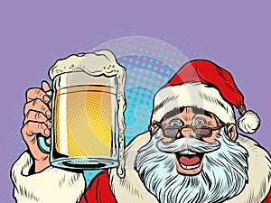 Santa Claus with a beer mug. Pub or bar, a fun party. Christmas and New Year, winter seasonal holiday in December