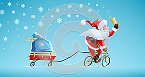 Santa claus with bell at bicycle. Christmas cartoon character.