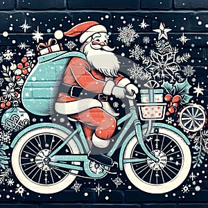 Santa Claus on a bicycle with a bag of gifts behind his back close-up