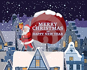 Santa Claus with big bag of gifts delivery gifts on the roof. Night winter city, european urban landscape, noel. Vector