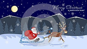 Santa-Claus with a big bag of gifts on sleigh. Merry Christmas and Happy New Year Holiday greeting card