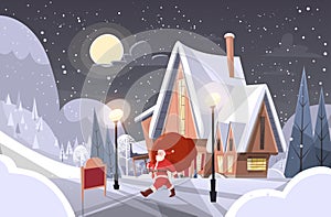 Santa Claus With Big Gift Sack Coming To House Happy New Year Merry Christmas Banner