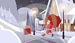 Santa Claus With Big Gift Sack Coming To House Happy New Year Merry Christmas Banner