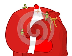 Santa Claus with big sack of gifts. Christmas elf helpers. Red b