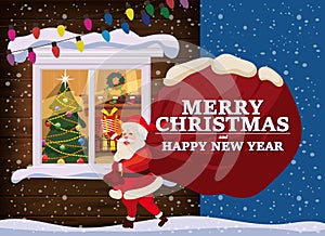 Santa Claus with big sack of gifts delivery gifts. Chrismas window, night, decoraions garland retro, living room