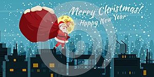 Santa Claus with big sack of gifts delivery gifts on the roof. Night winter city, european urban landscape, noel. Vector