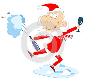 Santa Claus, bottle, glass and champagne splashes isolated illustration