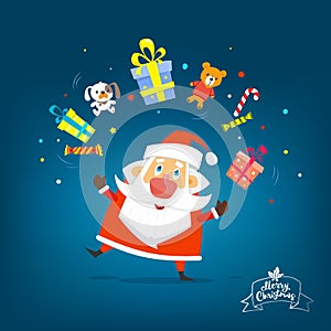 Santa Claus with boxes of gifts. Vector, illustration.