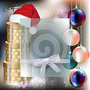 Santa Claus Cap with christmas balls and Boxes with gifts