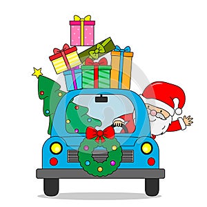Santa Claus in car with lots of presents and Christmas tree
