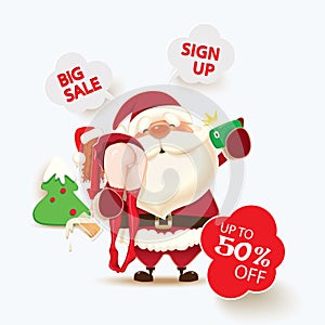 Santa Claus carries a drunk Santa Girl over her shoulder and taking selfie,Christmas sale web banner,vector illustration of online