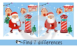 Santa Claus carries letter to mailbox. Find 7 differences. Game for children. Activity, vector.