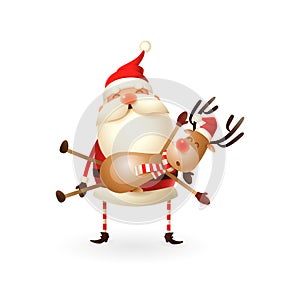 Santa Claus carries a Reindeer on his hands - Happy cute illustration