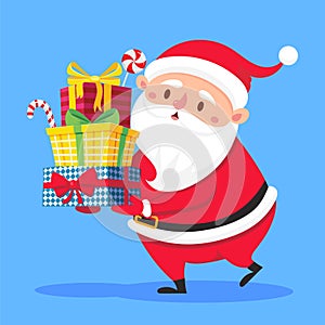 Santa Claus carry gifts stack. Christmas gift box carrying in hands. Heavy stacked winter holidays presents vector