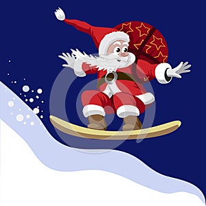 Santa Claus carrying a bag of gifts on a snowboard