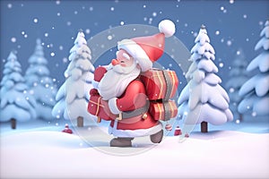 Santa Claus carrying gifts in snowy winter background