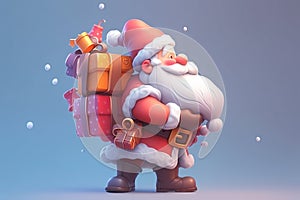 Santa Claus carrying gifts in snowy winter background