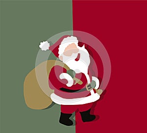 Santa Claus Cartoon Character with gift, bag with presents on green and red background.