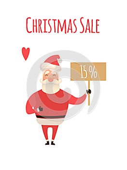 Santa Claus Cartoon Character Holding Christmas Sale Placard in white Background. Vector xmas Illustration for your web