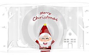 Santa Claus, cartoon character, paper art with snow falling, white winter celebration holiday season vector background