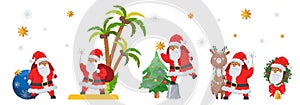 Santa Claus cartoon character set. Cute Santa with Christmas tree, reindeer, wreath, bauble, sparklers, sack, vector.