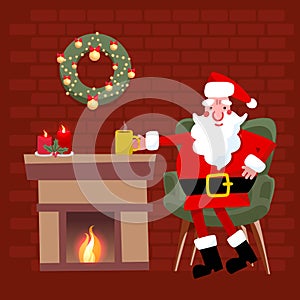 Santa Claus Cartoon character sitting at home near fireplace and drinking hot tea Merry Christmas concept. Santa is