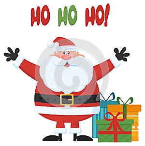 Santa Claus Cartoon Mascot Character With Open Arms And Gifts Boxes