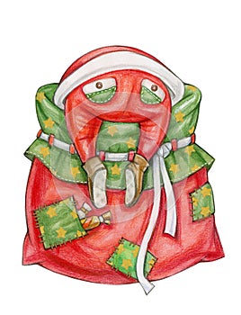 Santa Claus cartoon searching for gifts, isolated on white. Watercolor illustration