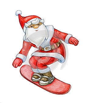 Santa Claus cartoon on snowbord, isolated on white. Watercolor illustration