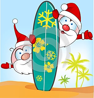 Santa claus cartoon with surfboard photo