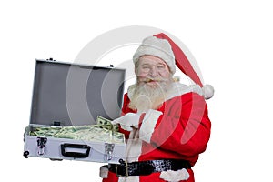 Santa Claus with case of dollars, portrait.