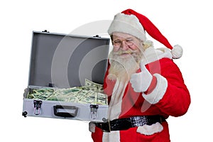 Santa Claus with case of hundred dollars.