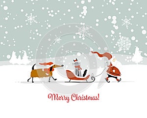 Santa Claus with cat and dog. Christmas card
