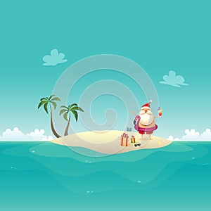 Santa Claus celebrate summer at sandy island - Christmas in June background