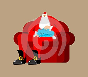 Santa Claus on chair stroking cat. Christmas and New Year Vector