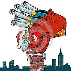 Santa Claus with champagne climbs the chimney. Isolate on white