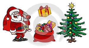 Santa Claus character, a bag with gifts and christmas tree isolated