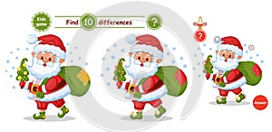 Santa Claus character, find differences puzzle education children game. Old man with Christmas tree, New Year bag gifts. Vector