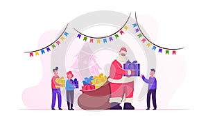 Santa Claus Character Giving Gifts to Happy Children on School or Kindergarten Matinee Standing in Room with Christmas