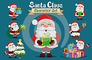 Santa claus character vector set. Santa christmas characters in gift giving, reading wish list and ice skating pose and gestures.