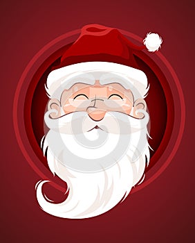 Santa Claus character white beard and moustaches in traditional Christmas holiday on red background