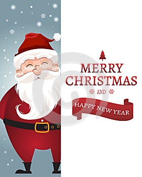 Santa Claus character white beard and moustaches in traditional Christmas holiday on red background