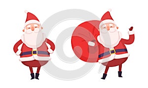 Santa Claus Character with White Beard and Red Hat Carrying Sack with Christmas Presents and Standing Vector Set